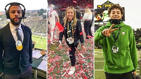 portraits of three SOJC alumni involved in sports communication