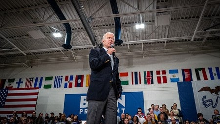 Joe Biden speaking at a rally at Hiatt Middle School.