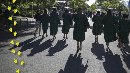 University of Oregon graduates walking with their caps and gowns on. 