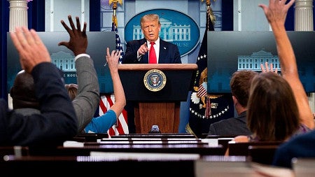 US President Donald Trump speaks to the press in the Brady Briefing Room of the White House in Washington, DC, on July 28, 2020.