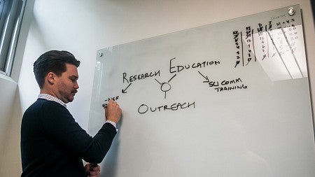Person writing about science communications on a whiteboard.