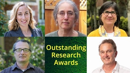 Clockwise from upper left, UO faculty members Autumn Shafer, Alice Barkan, Ann Glang, Doug Toomey and Robert Parker received 2020 Outstanding Research Awards.
