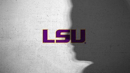 Silhouette of female with grey background behind Louisiana State University letters
