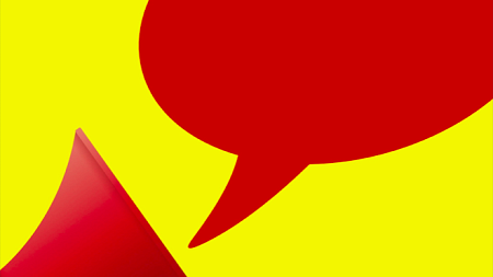 A red bullhorn underneath a red text bubble in front of a yellow background.