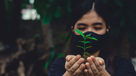 A person wearing a face mask holds a small plant rooted in dirt in the palm of their hands (by Nothing Ahead on Pexels).