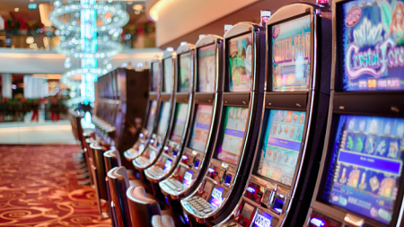 A row of illuminated slot machines in a casino (By Stokpic from Pexels).