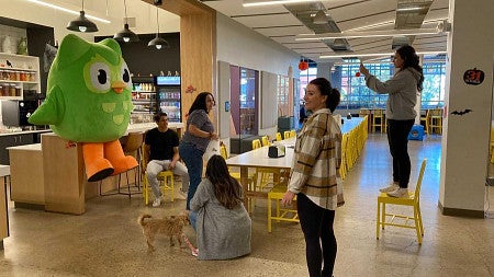 Zaria Parvez and colleagues set up to film with the Duolingo owl mascot