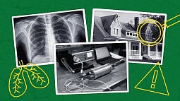 digital collage of black and white images and yellow line art representing radon exposure and testing in residential homes