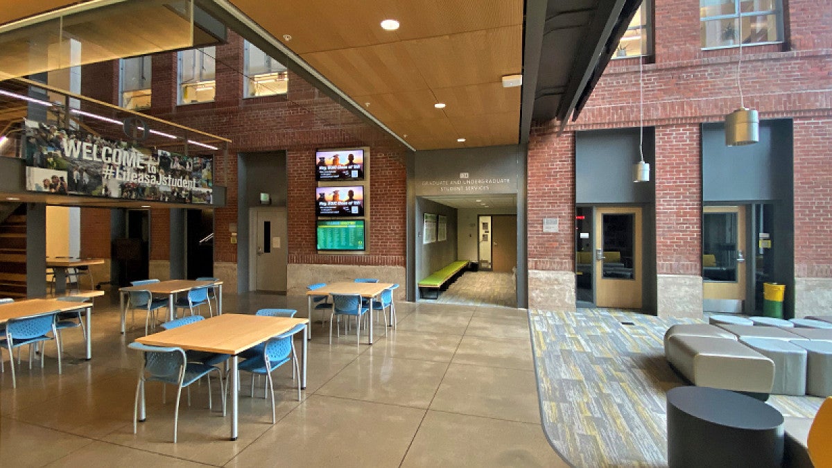 The Allen Hall atrium at the University of Oregon School of Journalism and Communication