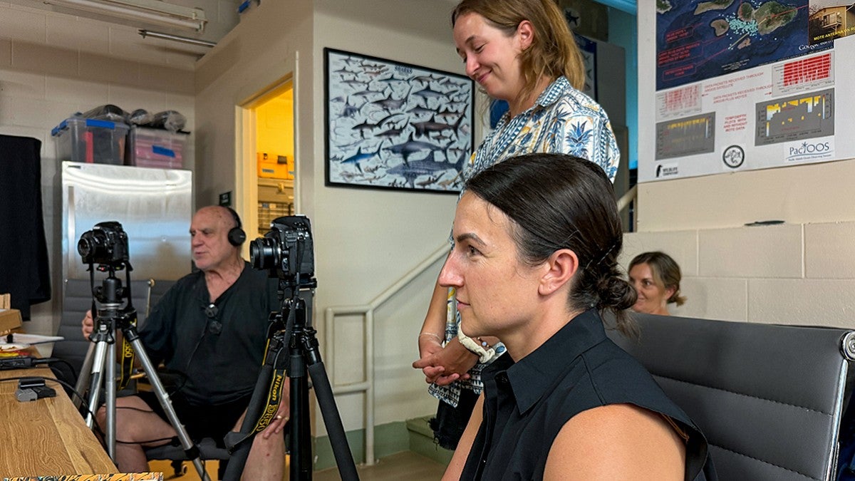 Dan Morrison, Beatriz Mira, and Hollie Smith work on video editing