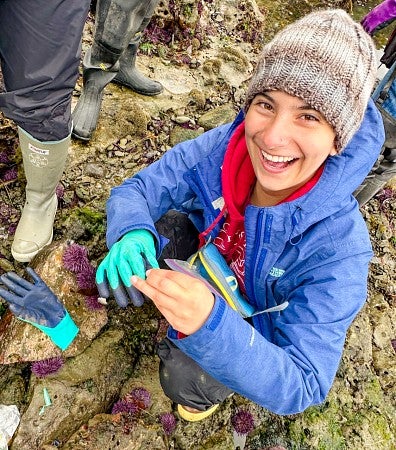 science communication minor student Sof Fox crouches on a sandy beach with sea urchins