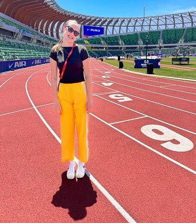 Sophie Fowler stands on the track at Hayward Field