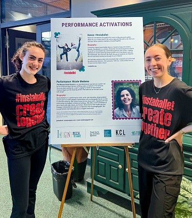 two people wearing shirts that say "#instaballet create together" flank a poster titled "Performance Activations"