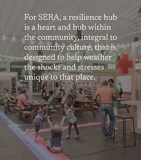 a quote graphic that says "for SERA, a resilience hub is a heart and hub within the community, integral to community culture, that is designed to help weather the shocks and stresses unique to that place."