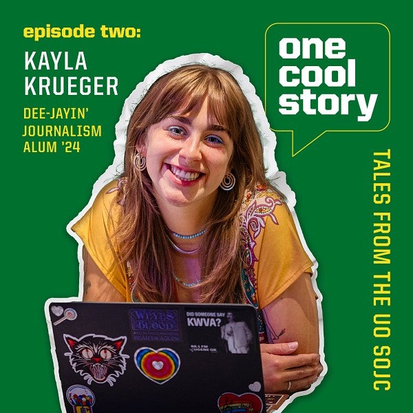 A podcast graphic with a portrait of Kayla Krueger to promote an episode of the One Cool Story podcast