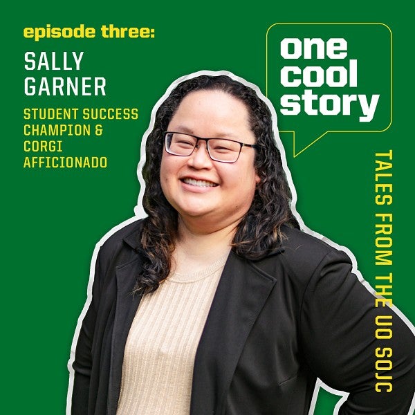 A podcast graphic with a portrait of Sally Garner to promote an episode of the One Cool Story podcast