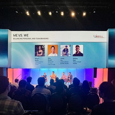 view of four speakers on stage at the Gondola sports content marketing conference