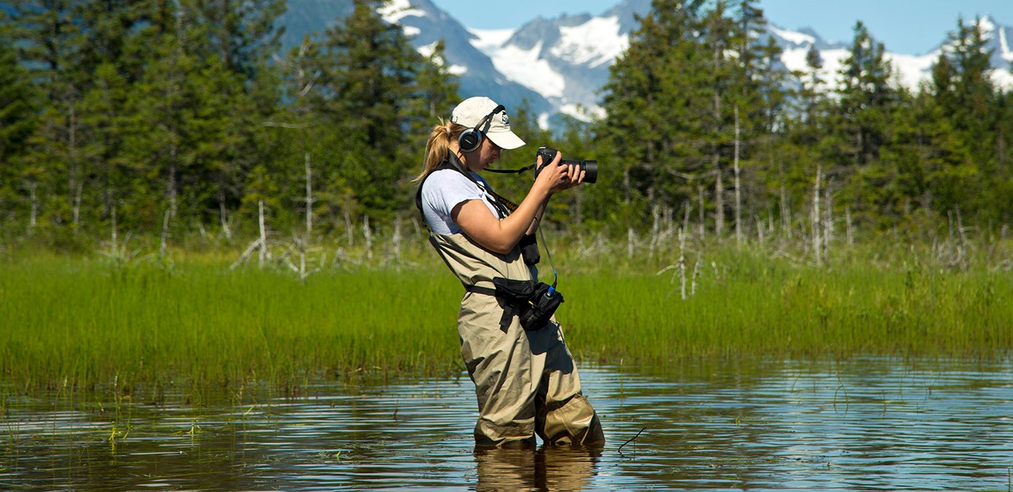 A female student in waders standing in knee deep water fiming on a digital camera