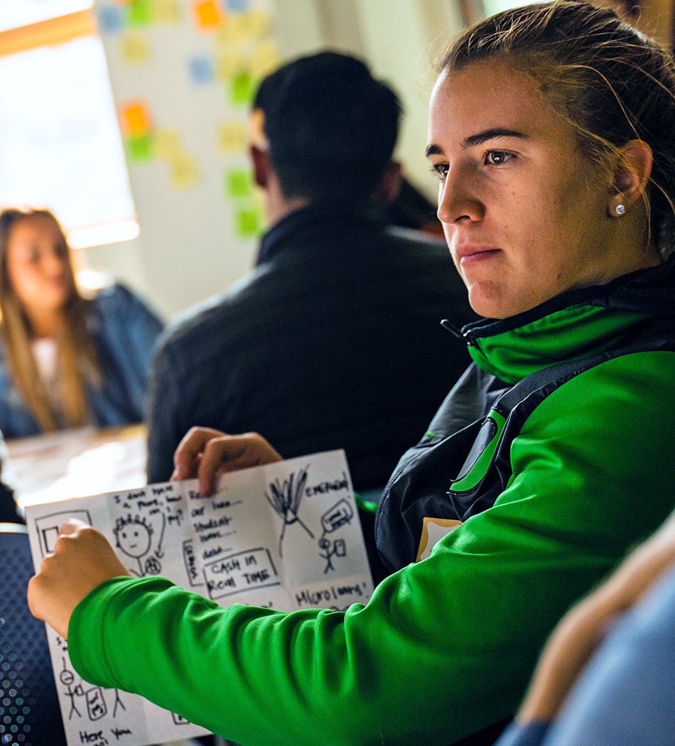 Sabrina Ionescu presents a storyboard in her Advertising and Brand Responsibility class Sabrina Ionescu presents a storyboard in her Advertising and Brand Responsibility class