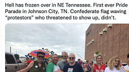 Screenshot of a tweet that says, "Hell has frozen over in NE Tennessee. First ever Pride Parade in J