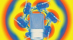 a psychedelic collage of audio microphones (DSculptor/iStock, SooniosPro/iStock).