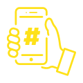 Hashtag Hooray! icon showing hand holding phone with hashtag on the screen