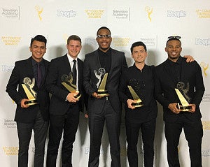 Five SOJC students holding awards from the College Television Awards