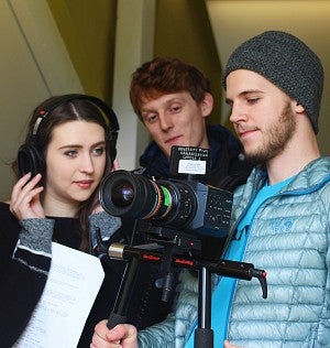 Students filming for Duck TV Three SOJC students filming for Duck TV