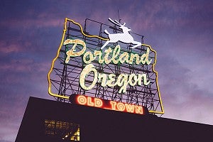 Portland Oregon sign on top of the White Stag Block Portland Oregon sign on top of the White Stag Block
