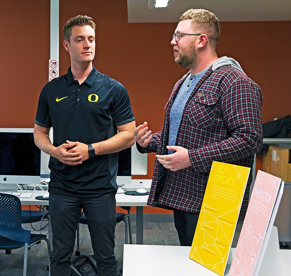 two students present their project on brand responsibility