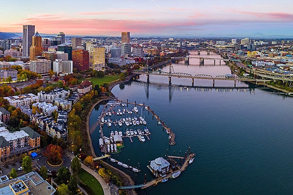 aerial view of Portland Oregon centered on the Willamette river