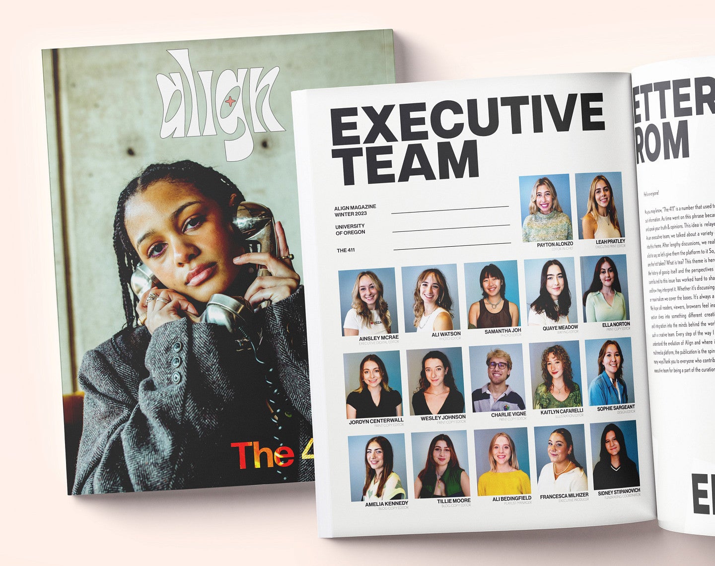 view of align magazine cover and spread showing executive team
