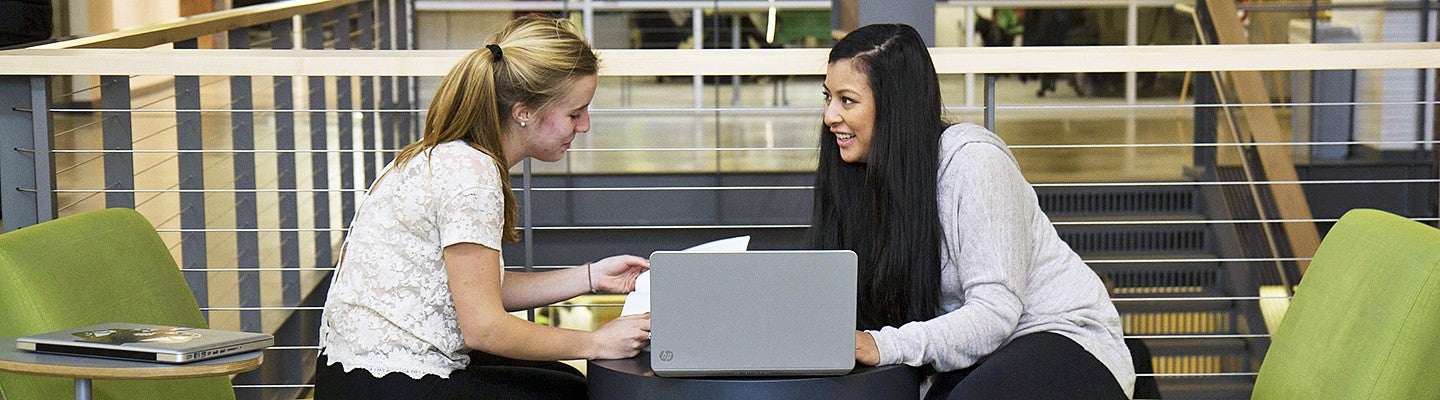 Two female students chatting while working on a computer