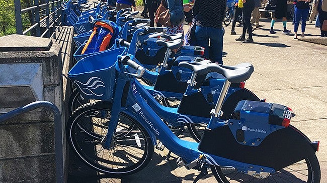 A row of PeaceHealth Rides bikes A row of PeaceHealth Rides bikes lined up