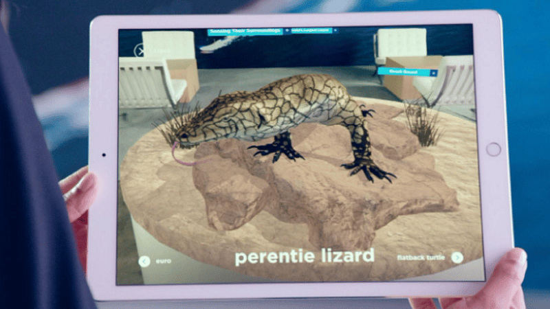 ipad showing image of VR program featuring a perentie lizard