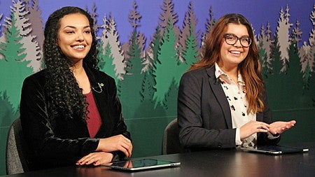 Jasmine and Bernice at the anchor desk for Duck TV
