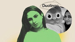 digital collage featuring Zaria Parvez and the Duolingo owl mascot