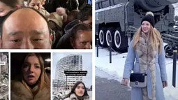 Screenshots of scenes from Ukraine as depicted on social media, including crowds, a woman standing in front of a tank, etc.
