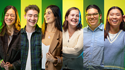 composite portrait of six SOJC students on alternating yellow and green backgrounds