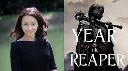 A two-panel image. On the left is a photo of Makiia Lucier, and on the right is the cover image for her book The Year of the Reaper