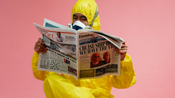 A person in a hazmat suit reads a newspaper about the COVID-19 outbreak. 