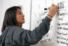 a person wearing a grey hoodie writes on a whiteboard